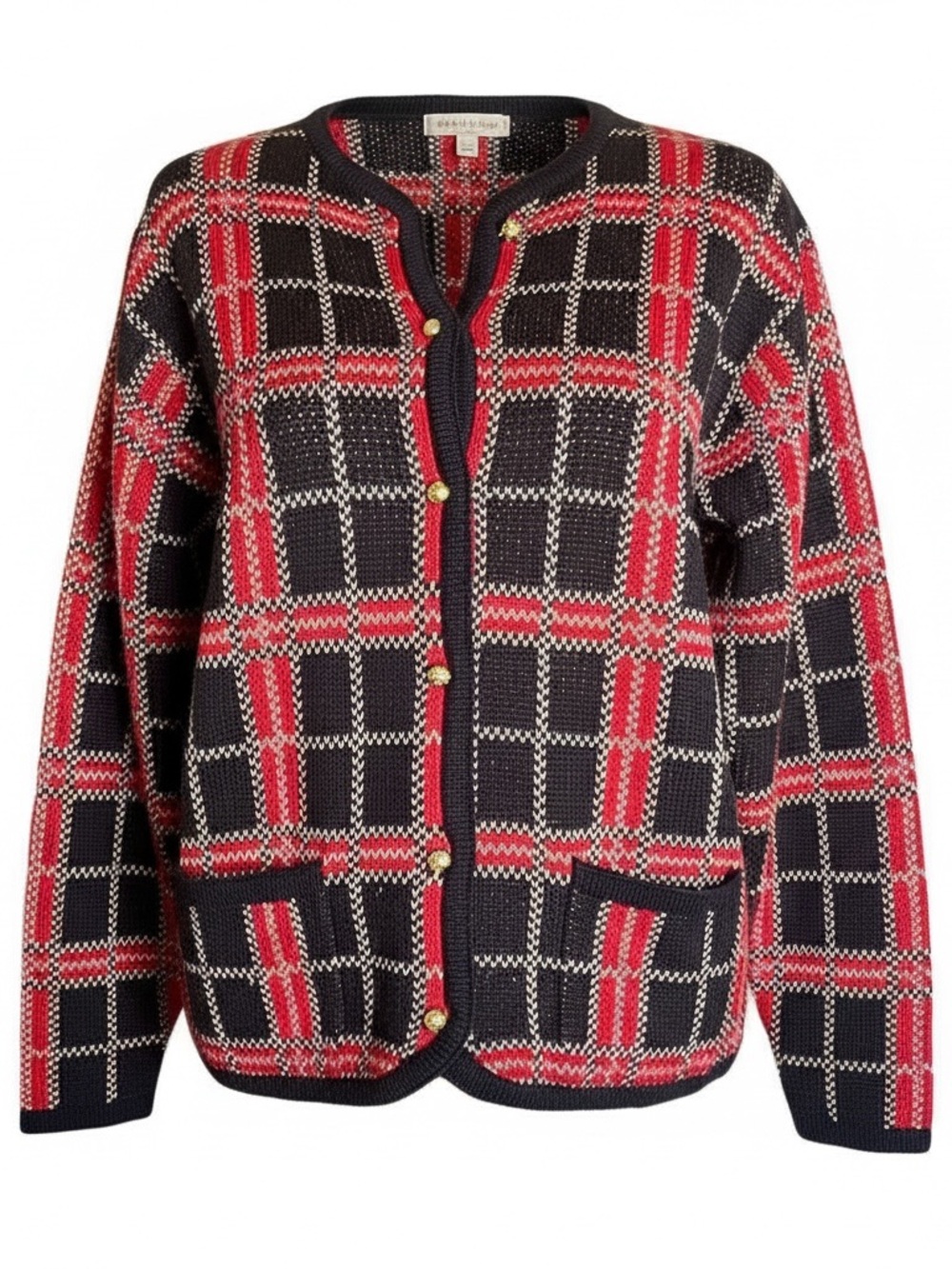 VTG Crystal-Kobe Red Black Plaid Gold Button Long Sleeve Knit Cardigan Sz Large